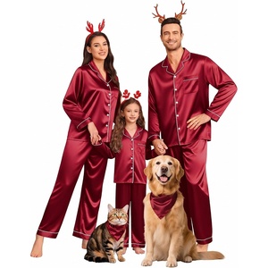 image:imageSWOMOG Family Matching Pajamas Set Silk Satin Button Down Sleepwear Long Sleeve Nightwear 2 Pcs Pj Set SXXLWine Red