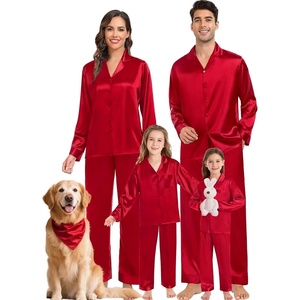 image:imageSWOMOG Family Matching Pajamas Silk Satin Long Sleeve Sleepwear Soft Button Down Loungewear 2 Pcs Pj SetRed