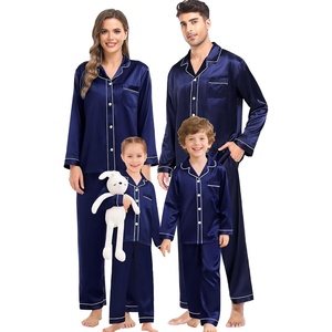image:imageSWOMOG Family Satin Matching Pajama Set Long Sleeve Sleepwear 2 Pcs Pj SetDeep Navy Blue