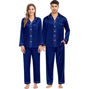 image:imageSWOMOG Family Satin Matching Pajama Set Long Sleeve Sleepwear 2 Pcs Pj SetNavy Blue