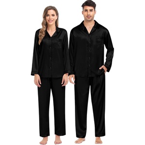 image:imageSWOMOG Family Satin Matching Pajama Set Long Sleeve Sleepwear 2 Pcs Pj SetPure Black