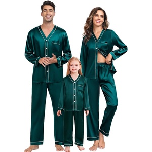 image:imageSWOMOG Family Satin Pajamas Sets Long Sleeve ButtonDown Sleepwear Silky TwoPieces Loungewear PJs SetsDark Green