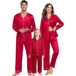 image:imageSWOMOG Family Satin Pajamas Sets Long Sleeve ButtonDown Sleepwear Silky TwoPieces Loungewear PJs SetsRed