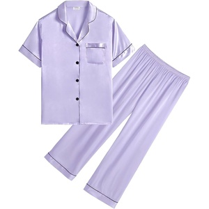 image:imageSWOMOG Girls Boys Silk Satin Pajamas Set ButtonDown TwoPiece PJs Lounge Sets with Long PantsLavender