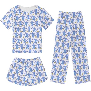 image:imageSWOMOG Girls Pajamas Sets 3 Piece Short Sleeve Sleepwear Summer Cute Pjs Cartoon Print Loungewear for Kids Size 615Blue Monkey