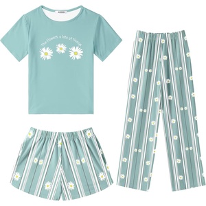 image:imageSWOMOG Girls Pajamas Sets 3 Piece Short Sleeve Sleepwear Summer Cute Pjs Cartoon Print Loungewear for Kids Size 615Green Daisy