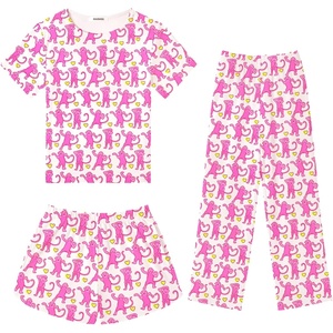 image:imageSWOMOG Girls Pajamas Sets 3 Piece Short Sleeve Sleepwear Summer Cute Pjs Cartoon Print Loungewear for Kids Size 615Pink Monkey