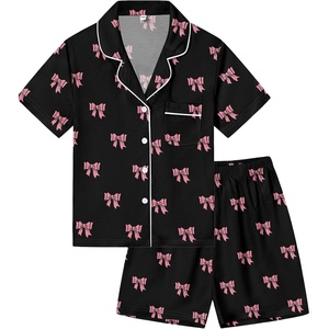 image:imageSWOMOG Kids Pajamas Sets 3PCS Short Sleeve Long Pants with Shorts Girls Boys Button Down PJS Cute Loungewear for 4T15YearsBlack Bowknot