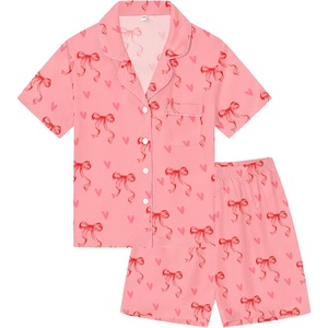 image:imageSWOMOG Kids Pajamas Sets 3PCS Short Sleeve Long Pants with Shorts Girls Boys Button Down PJS Cute Loungewear for 4T15YearsPink Bowknot