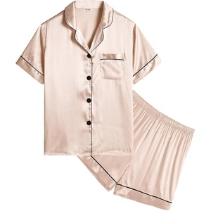 image:imageSWOMOG Kids Satin Pajamas Sets Girls Boys ButtonDown Pjs Short Sleeve Silk Nightwear 2 Piece Lounge Sets Champagne