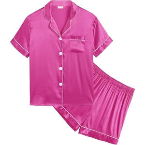 image:imageSWOMOG Kids Satin Pajamas Sets Girls Boys ButtonDown Pjs Short Sleeve Silk Nightwear 2 Piece Lounge Sets Rose Red