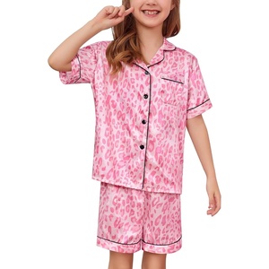 image:imageSWOMOG Kids Satin Pajamas Sets Girls Boys ButtonDown Pjs Short Sleeve Silk Nightwear 2 Piece Lounge SetsCute Leopard