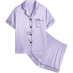 image:imageSWOMOG Kids Satin Pajamas Sets Girls Boys ButtonDown Pjs Short Sleeve Silk Nightwear 2 Piece Lounge SetsLavender