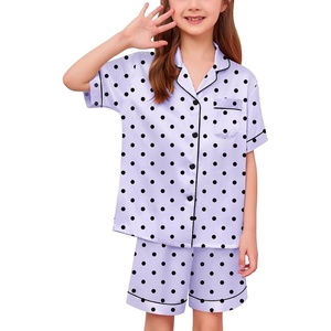 image:imageSWOMOG Kids Satin Pajamas Sets Girls Boys ButtonDown Pjs Short Sleeve Silk Nightwear 2 Piece Lounge SetsLight Purple Dots