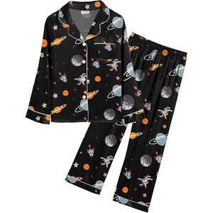 image:imageSWOMOG Kids Satin Pajamas Sets Girls Boys ButtonDown Pjs Short Sleeve Silk Nightwear 2 Piece Lounge SetsLong Sleeveblack Astronaut