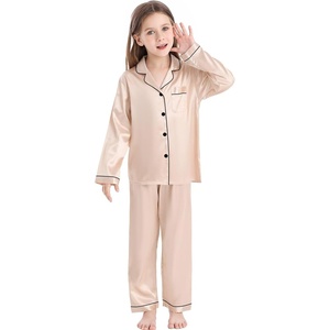 image:imageSWOMOG Kids Satin Pajamas Sets Girls Boys ButtonDown Pjs Short Sleeve Silk Nightwear 2 Piece Lounge SetsLong Sleevechampagne