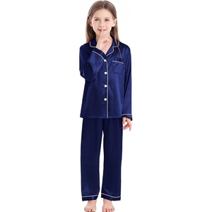 image:imageSWOMOG Kids Satin Pajamas Sets Girls Boys ButtonDown Pjs Short Sleeve Silk Nightwear 2 Piece Lounge SetsLong Sleevenavy Blue