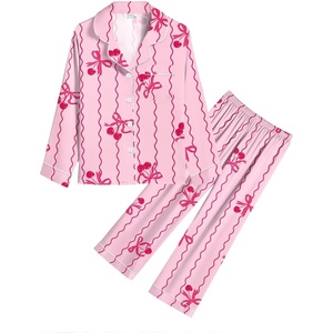 image:imageSWOMOG Kids Satin Pajamas Sets Girls Boys ButtonDown Pjs Short Sleeve Silk Nightwear 2 Piece Lounge SetsLong Sleevepink Bow