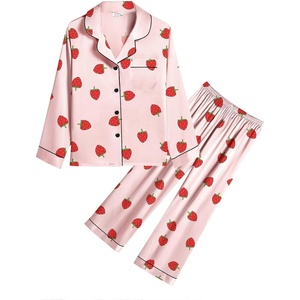 image:imageSWOMOG Kids Satin Pajamas Sets Girls Boys ButtonDown Pjs Short Sleeve Silk Nightwear 2 Piece Lounge SetsLong Sleevesakura Pink Strawberry