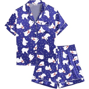 image:imageSWOMOG Kids Satin Pajamas Sets Girls Boys ButtonDown Pjs Short Sleeve Silk Nightwear 2 Piece Lounge SetsNavy Blue Bear