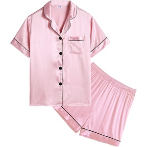 image:imageSWOMOG Kids Satin Pajamas Sets Girls Boys ButtonDown Pjs Short Sleeve Silk Nightwear 2 Piece Lounge SetsPink