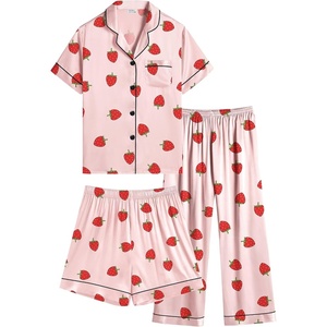 image:imageSWOMOG Kids Silk Pajamas 3 Piece Girls Boys Satin Pajamas Set ButtonDown PJs Set Soft Loungewear Short Sleeve Sleepwear