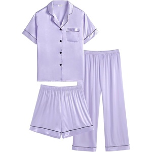 image:imageSWOMOG Kids Silk Pajamas 3 Piece Girls Boys Satin Pajamas Set ButtonDown PJs Set Soft Loungewear Short Sleeve SleepwearLavender