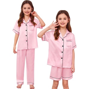 image:imageSWOMOG Kids Silk Pajamas 3 Piece Girls Boys Satin Pajamas Set ButtonDown PJs Set Soft Loungewear Short Sleeve SleepwearLight Pink