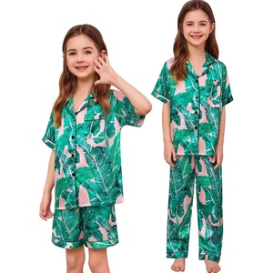 image:imageSWOMOG Kids Silk Pajamas 3 Piece Girls Boys Satin Pajamas Set ButtonDown PJs Set Soft Loungewear Short Sleeve SleepwearLight Pink Leaves