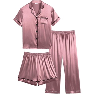 image:imageSWOMOG Kids Silk Pajamas 3 Piece Girls Boys Satin Pajamas Set ButtonDown PJs Set Soft Loungewear Short Sleeve SleepwearMisty Rose