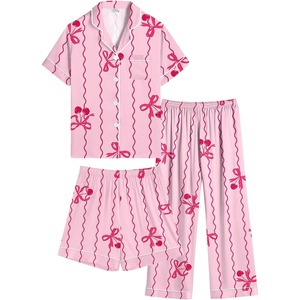 image:imageSWOMOG Kids Silk Pajamas 3 Piece Girls Boys Satin Pajamas Set ButtonDown PJs Set Soft Loungewear Short Sleeve SleepwearPink Bow