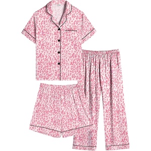 image:imageSWOMOG Kids Silk Pajamas 3 Piece Girls Boys Satin Pajamas Set ButtonDown PJs Set Soft Loungewear Short Sleeve SleepwearPink Leopard