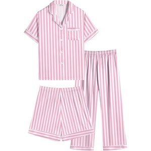 image:imageSWOMOG Kids Silk Pajamas 3 Piece Girls Boys Satin Pajamas Set ButtonDown PJs Set Soft Loungewear Short Sleeve SleepwearPink Striped