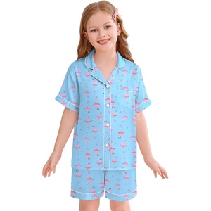 image:imageSWOMOG Kids Silky Satin Pajamas Set Girls Boys ButtonDown Sleepwear Short Sleeve 2 Piece PJs Sets Lounge SetsBlue Flamingo