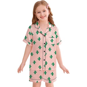 image:imageSWOMOG Kids Silky Satin Pajamas Set Girls Boys ButtonDown Sleepwear Short Sleeve 2 Piece PJs Sets Lounge SetsCactus Pink