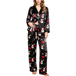 image:imageSWOMOG Long Sleeve Pajamas Set Silk Satin Sleepwear Button Down Pjs Loungewear with PocketChristmas Black