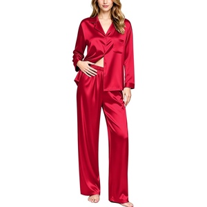 image:imageSWOMOG Long Sleeve Pajamas Set Silk Satin Sleepwear Button Down Pjs Loungewear with PocketChristmas Red