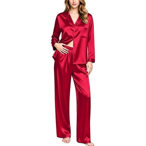 image:imageSWOMOG Long Sleeve Pajamas Set Silk Satin Sleepwear Button Down Pjs Loungewear with PocketDark Red