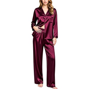 image:imageSWOMOG Long Sleeve Pajamas Set Silk Satin Sleepwear Button Down Pjs Loungewear with PocketDeep Wine Red