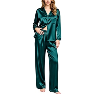 image:imageSWOMOG Long Sleeve Pajamas Set Silk Satin Sleepwear Button Down Pjs Loungewear with PocketDeepgreen