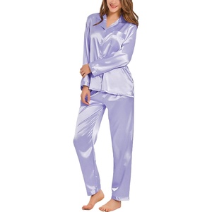 image:imageSWOMOG Long Sleeve Pajamas Set Silk Satin Sleepwear Button Down Pjs Loungewear with PocketLavender