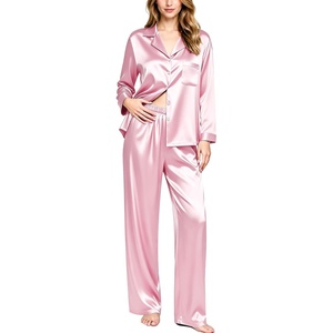 image:imageSWOMOG Long Sleeve Pajamas Set Silk Satin Sleepwear Button Down Pjs Loungewear with PocketLight Pink
