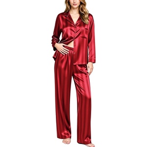 image:imageSWOMOG Long Sleeve Pajamas Set Silk Satin Sleepwear Button Down Pjs Loungewear with PocketRed Stripe