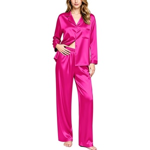 image:imageSWOMOG Long Sleeve Pajamas Set Silk Satin Sleepwear Button Down Pjs Loungewear with PocketRose Red