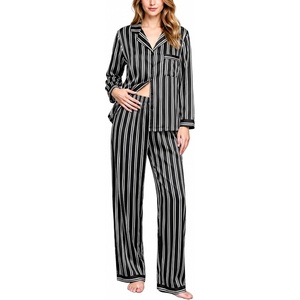 image:imageSWOMOG Long Sleeve Pajamas Set Silk Satin Sleepwear Button Down Pjs Loungewear with PocketStriped in Black