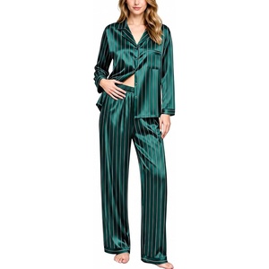 image:imageSWOMOG Long Sleeve Pajamas Set Silk Satin Sleepwear Button Down Pjs Loungewear with PocketStriped in Deep Green