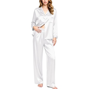 image:imageSWOMOG Long Sleeve Pajamas Set Silk Satin Sleepwear Button Down Pjs Loungewear with PocketWhite