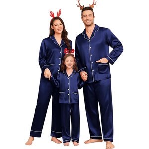image:imageSWOMOG Matching Family Pajamas Set Women amp Men amp Kids Silk Satin Pjs 2 Pcs Long Sleeve Button Down Sleepwear with 2 PocketsDeep Navy Blue