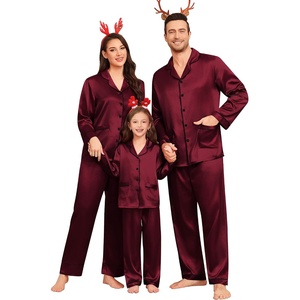 image:imageSWOMOG Matching Family Pajamas Set Women amp Men amp Kids Silk Satin Pjs 2 Pcs Long Sleeve Button Down Sleepwear with 2 PocketsDeep Wine Red