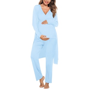 image:imageSWOMOG Maternity Nursing Robe Set 3 Piece Postpartum Breastfeeding Pajamas 3 in 1 Hospital Labor Delivery Pregnancy PjsBaby Bluepants